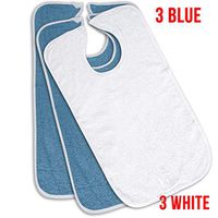 6 Pack - Terry Cloth Adult Bibs/Senior Meal Time Clothing Protector w/Hook and Loop Closure 3 Blue and 3 White Bibs