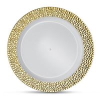 [8 Count - 10 Inch Plates] Laura Stein Designer Tableware Premium Heavyweight Plastic White Dinner Plates With Gold Border, Party & Wedding Plate, Glitz Series, Disposable Dishes