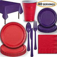 Disposable Party Supplies, Serves 40 - Red and Purple - Large and Small Paper Plates, 12 oz Plastic Cups, Heavyweight Cutlery, Napkins, and Tablecloths. Full Two-Tone Tableware Set