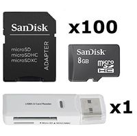 100 PACK - SanDisk 8GB MicroSD HC Memory Card SDSDQAB-008G (Bulk Packaging) LOT OF 100 with SD Adapter and USB 2.0 MicoSD & SD Memory Card Reader 