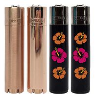 Clipper Metal Cigarette Lighter"Rose Gold" Collection, with Clipper Leaf Lock Gear"Hibiscus" Design- 4 Item Bundle