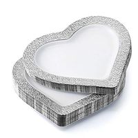BloominGoods Heart Shaped Premium Plastic Dinner Plates (50 Pack), 10 Inch, White with Hammered Silver Rim