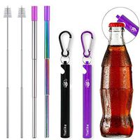 Yoelike 2 Pack Telescopic Re-usable Stainless Steel Metal Straws with Bottle Opener Case, Cleaner Brush, Keychain, Carabiner, Silicone Tips for Drinking Water, Smoothie, Juice (Black/Purple)