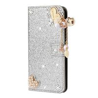 Miagon Diamond Case for iPhone 7 Plus/ 8 Plus,Luxury Glitter Rhinestone Heart PU Leather Folio Flip Wallet Cover Magnetic Closure Card Slots Case Cover,Silver