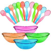 Disposable Neon Party Essentials Set|4 Bowls, 8 Spoons, 4 Forks|Assorted Neon Colors|Plastic Party Serving Supplies for Salads/Chips/Snacks|Neon Glow Party Supplies for Kids/Adults Birthdays & Wedding