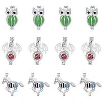 12Pcs Mixed Owl Dragon Horse Heart Hollow Pendant Pearl Bead Cage Pendants Aromatherapy Essential Oil Diffuser Locket Pendant Necklace Jewelry Making Supplies (Style2)