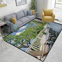 Modern Sports Door Mats Inside Non Slip, Home Patio Balcony with Peaceful Woods in Clear Sunny Sky Photograph, Fashionable High Class Living Dinning Room(8'x 10') White Green and Sky Blue