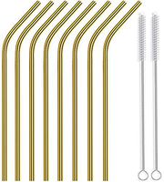 Reusable Stainless Steel Bent Straws WEEGCN 2-SET 60MM Aperture Drinking Metal Straws,Ultra Long Wide Safe Straws for Smoothies, Milkshakes Cleaning Brushes & Storage Pouch (Golden)