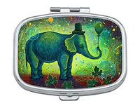 Pill Box - Customized Green Elephant Pattern Design Pill Boxes, Portable Rectangular Metal Silver Pills Case, Compact 2 Space, Pill Cases for Travel/Pocket/Purse.