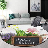 RUGSMAT Easter Machine Washable Round Bath Mat,Holiday Arrangement with Flowers Eggs Chalkboard On A Wooden Table Rustic Elements Non-Slip No-Shedding Bedroom Soft Floor Mat,Diameter-35 Inch