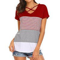 Theoylos Women's Short Sleeve T Shirt V Neck Tunic Cross Tops Casual Tees Loose Triple Color Block Stripe T-Shirts Red