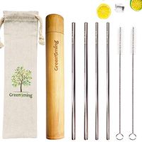 ChildrenTravel Straw Coffe Reusable Metal Straw with Bamboo Case, Straight Beverage Drinking Natural Straws with Bamboo Case - 2 Smoothie Straws 8mm wide & 2 coffee straws 6mm & 2 cleaning brush