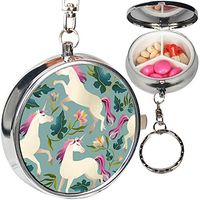 Portable Metal Pill Organizer Keychain Case Stash Box with 3 Compartments for Medicine Vitamin (Vintage Unicorn Magic)