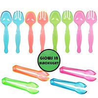TigerChef Neon Colored Heavy Duty Disposable Plastic Set Of 12 Serving Utensils 4 Serving Spoons 4 Serving Forks 4 Serving Tongs 6 Inch In Blue Green Orange, Pink (Serving Set, Neon)