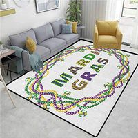 Mardi Gras Plaid Area Rug, Vivid Beads Circular Frame with Lettering Traditional Patterns Print, Durable Carpet Area rug - Living Dinning Room Bedroom Rugs and Carpets(3'x 8') Purple Green Yellow