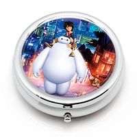 DISNEY COLLECTION Pill Box 3 Compartment Baymax and Hiro Wallpapers Round Metal Silver Button Medicine Organizer Box Convenient Jewelry Box Vitamin Fish Oil Supplement Gift