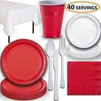 Disposable Party Supplies, Serves 40 - Red and White - Large and Small Paper Plates, 12 oz Plastic Cups, Heavyweight Cutlery, Napkins, and Tablecloths. Full Two-Tone Tableware Set