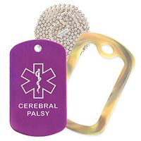 Cerebral Palsy Medical Alert ID Necklace with Purple Tag, Camo Forest Silencer, and 30'' USA Ball Chain - Over 150 Color Combinations