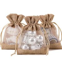 WRAPAHOLIC 4x5.5 inch 50 pcs Burlap Drawstring Gift Bag - Burlap with One Side Organza Wedding Party Welcome Favor Bags - Tan