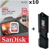 10 PACK - SanDisk Ultra 128GB Class 10 SDXC UHS-1 Memory Card up to 80MB/s - SDSDUNC-128G LOT OF 10 with USB 3.0 High Speed MemoryMarket dual slot MicroSD & SD Memory Card Reader