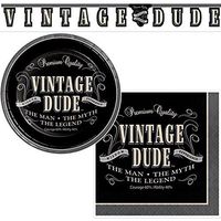 Olive Occasions Vintage Dude Party Supplies 16 Appetizer Dessert Plates, 16 Beverage Napkins, Decorative Banner and Recipe