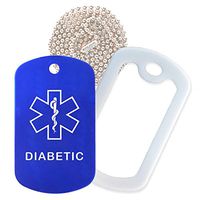 Diabetic Medical Alert ID Necklace with Blue Tag, White Silencer, and 30'' USA Chain - 154 Color Choices