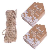 Healifty 100PCS Thank You tag Kraft Paper Tags White Flower Printed Wedding Package Tags with Hemp Rope