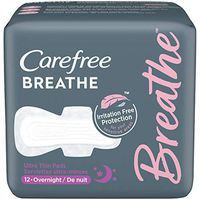 Carefree Breathe Ultra Thin Overnight Pads with Wings, Irritation-Free Protection, 12 Count - Pack of 8