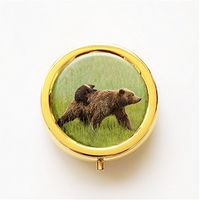 RhyNSky Animal Bear Mini Portable Pocket Pill Box Case Holder for Purse, 3 Compartments, Gold, FG50