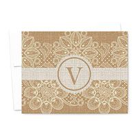 Burlap and Lace Monogram Folded Personalized Note Cards, Thank You Cards, Rustic Country Chic, Includes Envelopes (A2-4.25" x 5.5") (40)