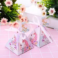 DEVILFACE Unicorn Party Favors Boxes, 50 Pcs Triangle Candy Boxes Wedding Birthday Party Favor Gift Box with Ribbon Thank You Card Decoration