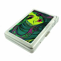 Cigarette Case with Built in Lighter Vintage Psychedelic Trippy S4 Smoking King Size Cigarettes Silver Metal Wallet 4" X 2.75" RFID Protection Weird Strange