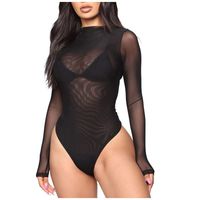 Women Sexy Bodysuit Lingerie Mesh Sheer High Cut Long Sleeve One-Piece Teddy Clubwear Jumpsuit (S, Black)