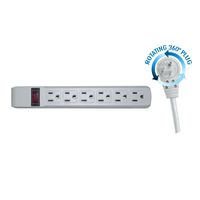 Surge Protector, Flat Rotating Plug, 6 Outlet, Gray Horizontal Outlets, Plastic, Power Cord 25 Foot