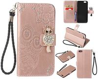 Cfrau Diamond Kickstand Case with Black Stylus for iPhone 6/6S,Luxury Embossed Crystal 3D Owl Flower Bling Glitter Wallet PU Leather Shockproof Soft TPU Wrist String Case - Rose Gold