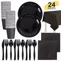 145 PCS Black Party Supplies Paper Tableware Disposable Dinnerware Dinner Plates Napkins Cups Folk Knife Tablecloth Set Biodegradable for 24 Guests, Black