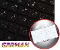 German Keyboard Decals ON Transparent Background with Blue, Orange, RED, White OR Yellow Lettering (14X14) (White)
