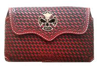 Biker Cross & Skull Concho mounted on a Tan basketweave hand-tooled leather phone holder with contrast stitching.