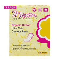 Maxim Ultrathin Contour Cotton Organic Maxi Pads, Daytime/REG, 42ct, Wrapped, No Chlorine/Dioxin/Chemical/SAP, FDA/ICEA Approved, Biodegradable Breathable Hypoallergenic Cotton Pads, 3 Packs of 14