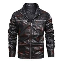 Alvinm Men's Jacket Vintage Zipper Stand Collar Solid Imitation Leather Coat Black