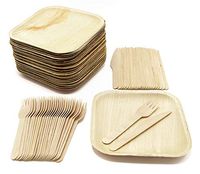 Eco Friendly Disposable Dinnerware Set - 25 Palm Leaf Compostable 8" Plates w/Wooden Cutlery - 25 Forks 25 Knives for Party