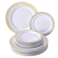 HEAVY DUTY PLASTIC PLATES | Elegant Plastic Dinnerware | 40 pc Set | 20 Dinner Plates | 20 Salad Plates | for Upscale Wedding and Dining | Ocean Mist Collection (Gold/White)