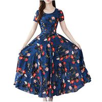 Veodhekai Women Floral Dress Elegant OL Lady Autumn Elegant O-Neck Knee Length Long Sleeve Printing Dress Wedding (2 Pink, L) (2 Blue, XXXL)