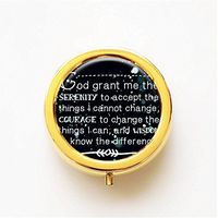 RhyNSky Quote - God Grant Me The Serenity Mini Portable Pocket Pill Box Case Holder for Purse, 3 Compartments, Gold, CG256
