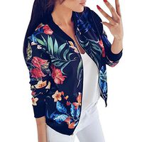 Women Ladies Floral Print Stand Collar Zipper Jacket Outwear (S, Blue)