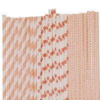 Peach Paper Straws Mix - Stripe, Chevron Polka Dots (25)