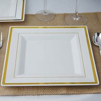 BalsaCircle 20 pcs 10-Inch White with Gold Trim Plastic Square Plates - Disposable Wedding Party Catering Tableware