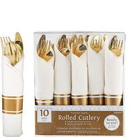 ELEGANI Premium Tableware Party Supplies; Rolled Metallic Gold Premium Plastic Cutlery Sets 10ct