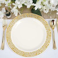 Efavormart 50 Pcs - Ivory with Gold Trimmed 10.25" Round Disposable Plastic Plate for Wedding Party Banquet Picturesque Collection