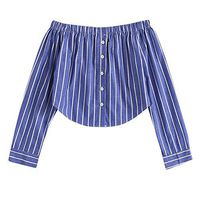 Meikosks Ladies Button Striped Blouse Long Sleeve Shirt Off Shoulder Tee Backless Tunic Blue